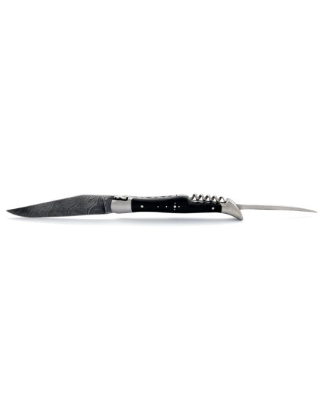Laguiole pliant 12 cm, lame acier Damas & tire-bouchon & poinçon, mitres inox mat, manche pointe de corne