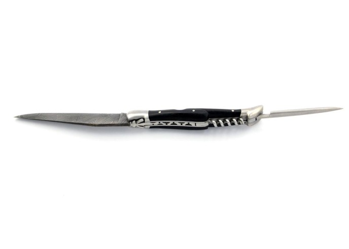 Laguiole pliant 12 cm, lame acier Damas & tire-bouchon & poinçon, mitres inox mat, manche pointe de corne