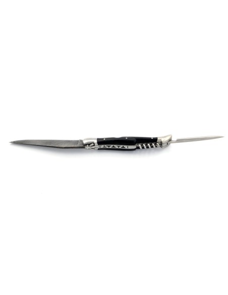 Laguiole pliant 12 cm, lame acier Damas & tire-bouchon & poinçon, mitres inox mat, manche pointe de corne