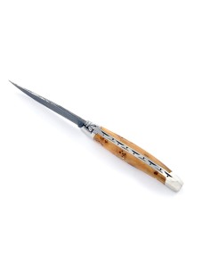 Laguiole pliant, 11 cm, abeille forgée, lame seule, acier Damas, mitres inox brillant, manche genévrier cade