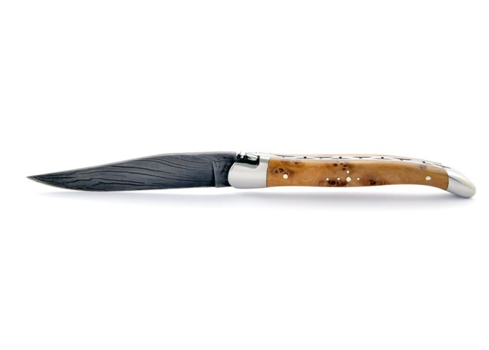 Laguiole pliant, 11 cm, abeille forgée, lame seule, acier Damas, mitres inox brillant, manche genévrier cade