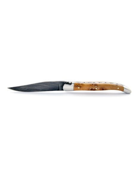 Laguiole pliant, 11 cm, abeille forgée, lame seule, acier Damas, mitres inox brillant, manche genévrier cade