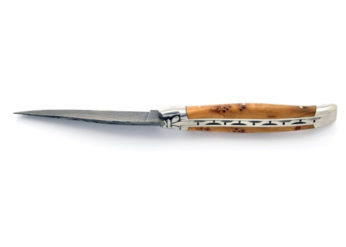Laguiole pliant, 11 cm, abeille forgée, lame seule, acier Damas, mitres inox brillant, manche genévrier cade