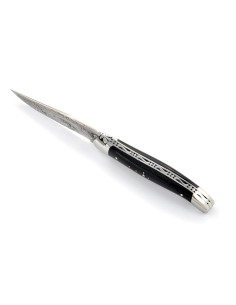 Laguiole pliant, 11 cm,abeille forgée, lame seule, acier Damas, mitres inox brillant, manche bois d'ébène