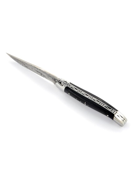 Laguiole pliant, 11 cm,abeille forgée, lame seule, acier Damas, mitres inox brillant, manche bois d'ébène