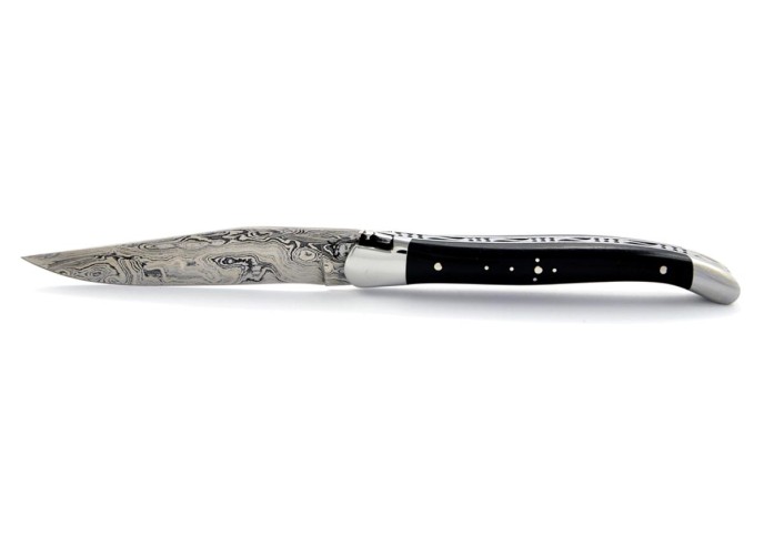 Laguiole pliant, 11 cm,abeille forgée, lame seule, acier Damas, mitres inox brillant, manche bois d'ébène