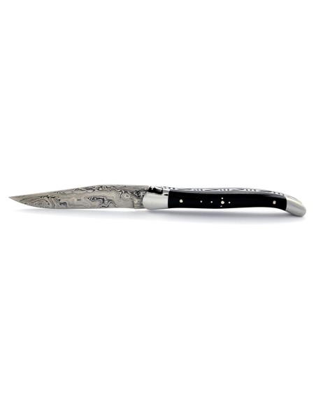 Laguiole pliant, 11 cm,abeille forgée, lame seule, acier Damas, mitres inox brillant, manche bois d'ébène