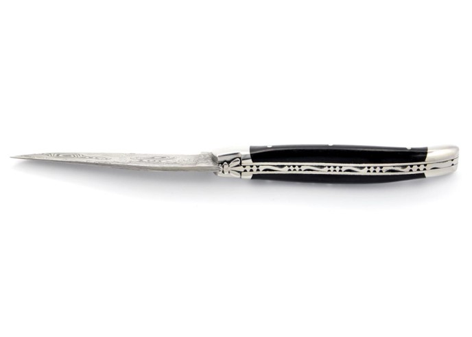 Laguiole pliant, 11 cm,abeille forgée, lame seule, acier Damas, mitres inox brillant, manche bois d'ébène
