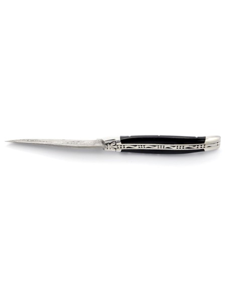 Laguiole pliant, 11 cm,abeille forgée, lame seule, acier Damas, mitres inox brillant, manche bois d'ébène