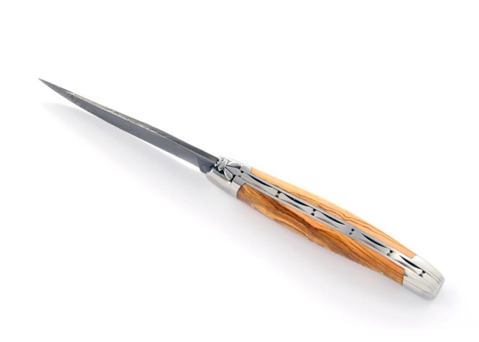 Laguiole pliant, 11 cm, lame seule, acier Damas, mitres inox brillant, manche bois d'olivier
