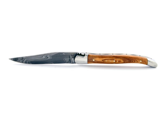 Laguiole pliant, 11 cm, lame seule, acier Damas, mitres inox brillant, manche bois d'olivier