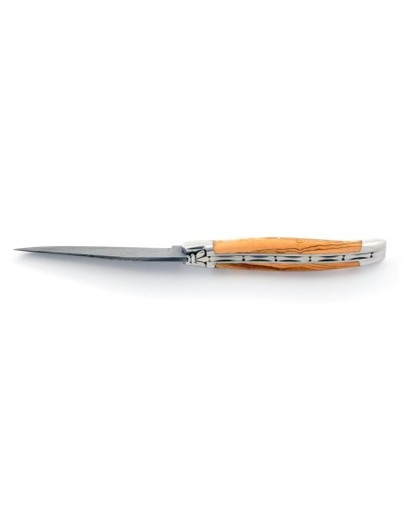 Laguiole pliant, 11 cm, lame seule, acier Damas, mitres inox brillant, manche bois d'olivier