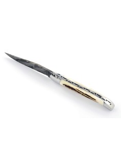 Laguiole pliant, 12 cm, acier Damas, abeille forgée, mitres inox brillant, manche bois de cerf