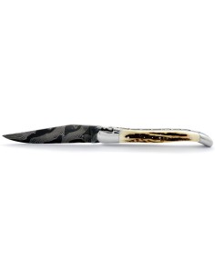 Laguiole pliant, 12 cm, acier Damas, abeille forgée, mitres inox brillant, manche bois de cerf 2