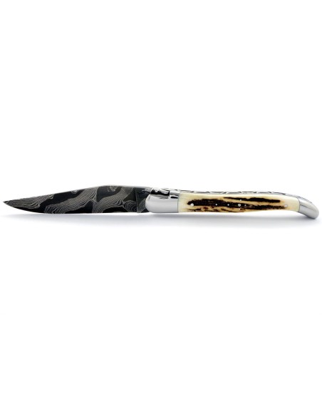 Laguiole pliant, 12 cm, acier Damas, abeille forgée, mitres inox brillant, manche bois de cerf