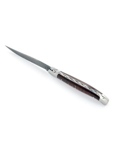 Laguiole pliant, 13 cm, abeille forgée, lame seule en acier Damas, mitres inox mat, manche en bois d'amourette