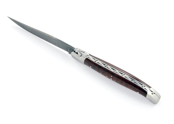 Laguiole pliant, 13 cm, abeille forgée, lame seule en acier Damas, mitres inox mat, manche en bois d'amourette