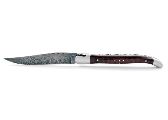 Laguiole pliant, 13 cm, abeille forgée, lame seule en acier Damas, mitres inox mat, manche en bois d'amourette