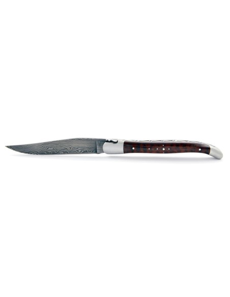 Laguiole pliant, 13 cm, abeille forgée, lame seule en acier Damas, mitres inox mat, manche en bois d'amourette