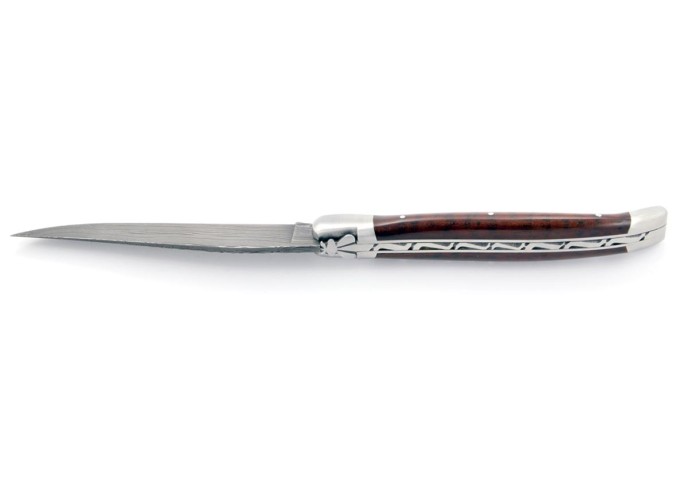 Laguiole pliant, 13 cm, abeille forgée, lame seule en acier Damas, mitres inox mat, manche en bois d'amourette
