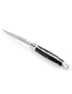 Laguiole pliant, 10 cm, abeille forgée, ciselé dessus dessous, mitres inox brillant, manche en pointe de corne (foncée)