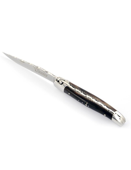 Laguiole pliant, 10 cm, abeille forgée, ciselé dessus dessous, mitres inox brillant, manche en pointe de corne (foncée)