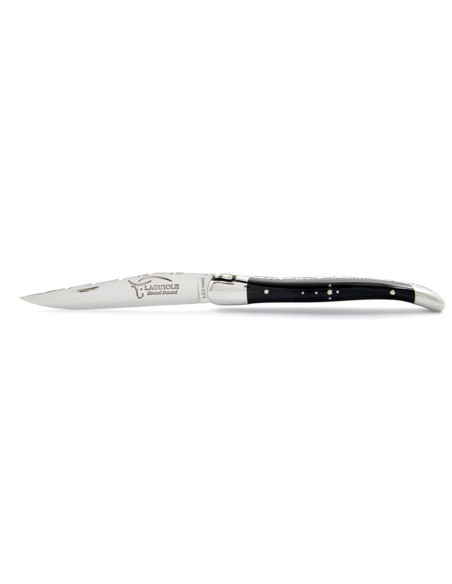 Laguiole pliant, 10 cm, abeille forgée, ciselé dessus dessous, mitres inox brillant, manche en pointe de corne (foncée)