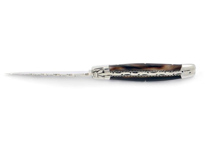 Laguiole pliant, 10 cm, abeille forgée, ciselé dessus dessous, mitres inox brillant, manche en pointe de corne (foncée)