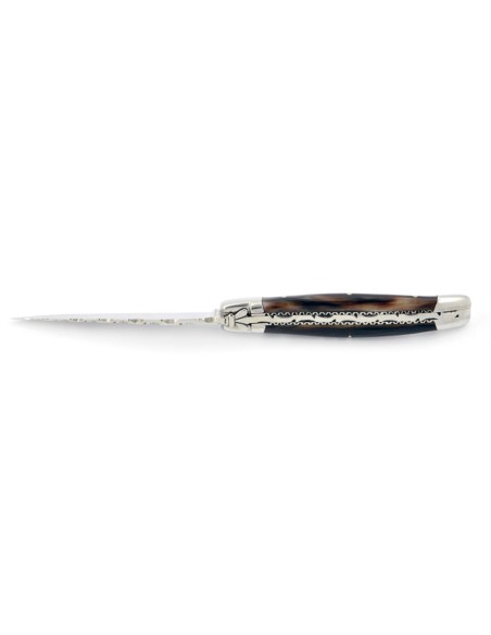 Laguiole pliant, 10 cm, abeille forgée, ciselé dessus dessous, mitres inox brillant, manche en pointe de corne (foncée)