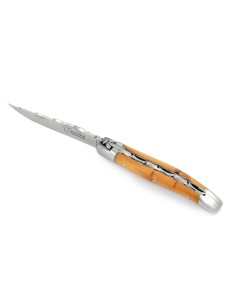 Laguiole pliant, 10 cm, abeille forgée, lame seule, ciselé dessus dessous, mitres inox mat, manche en genévrier cade