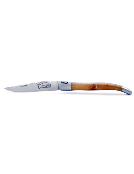 Laguiole pliant, 10 cm, abeille forgée, lame seule, ciselé dessus dessous, mitres inox mat, manche en genévrier cade