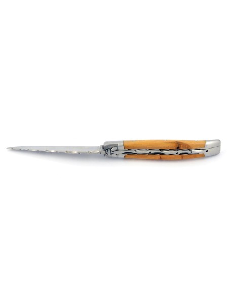Laguiole pliant, 10 cm, abeille forgée, lame seule, ciselé dessus dessous, mitres inox mat, manche en genévrier cade