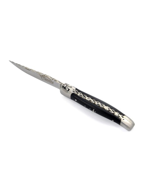 Laguiole pliant, 10 cm, abeille forgée, lame seule, ciselé dessus dessous, mitres inox mat, manche en bois d'ébène