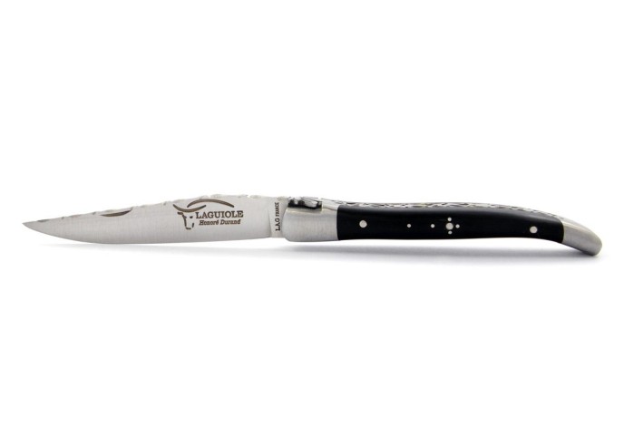 Laguiole pliant, 10 cm, abeille forgée, lame seule, ciselé dessus dessous, mitres inox mat, manche en bois d'ébène