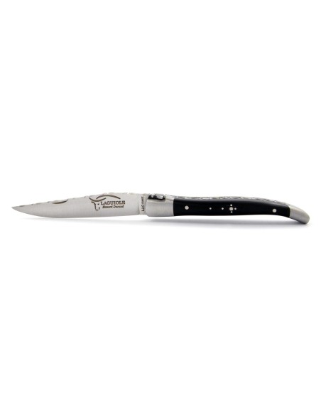Laguiole pliant, 10 cm, abeille forgée, lame seule, ciselé dessus dessous, mitres inox mat, manche en bois d'ébène