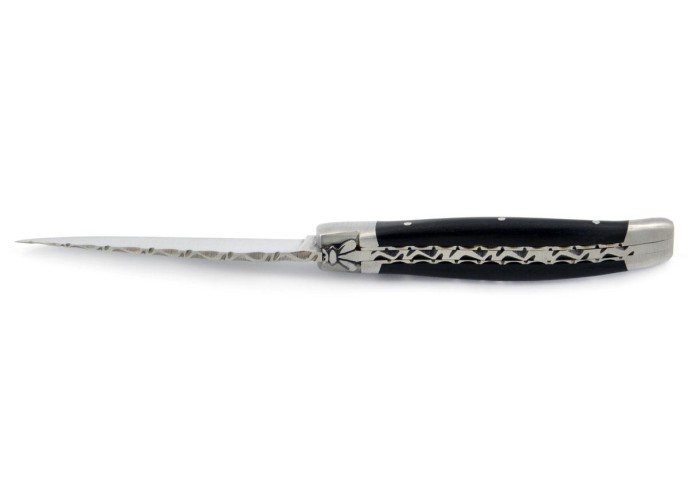 Laguiole pliant, 10 cm, abeille forgée, lame seule, ciselé dessus dessous, mitres inox mat, manche en bois d'ébène
