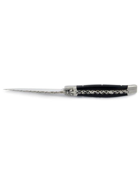 Laguiole pliant, 10 cm, abeille forgée, lame seule, ciselé dessus dessous, mitres inox mat, manche en bois d'ébène