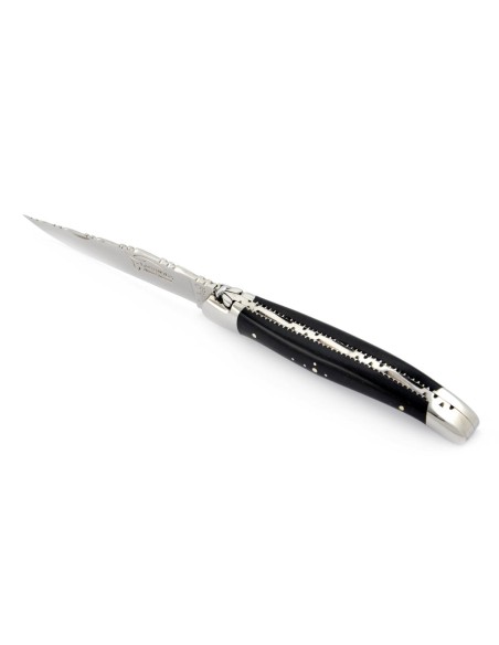 Laguiole pliant 11 cm, abeille forgée, lame seule, ciselé dessus-dessous, mitres inox brillant, manche bois d'ébène