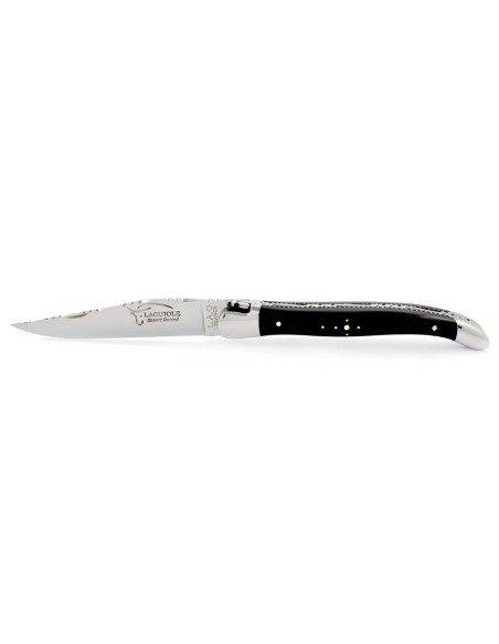 Laguiole pliant 11 cm, abeille forgée, lame seule, ciselé dessus-dessous, mitres inox brillant, manche bois d'ébène