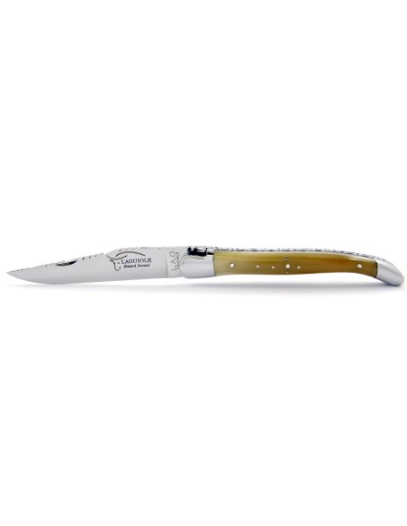 Laguiole pliant 11 cm, abeille forgée, lame seule, ciselé dessus-dessous, mitres inox brillant, manche pointe de corne (claire)