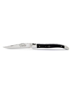 Laguiole pliant, 11 cm, lame seule, ciselé dessus dessous, mitres inox brillant, manche en pointe de corne (foncée) 2