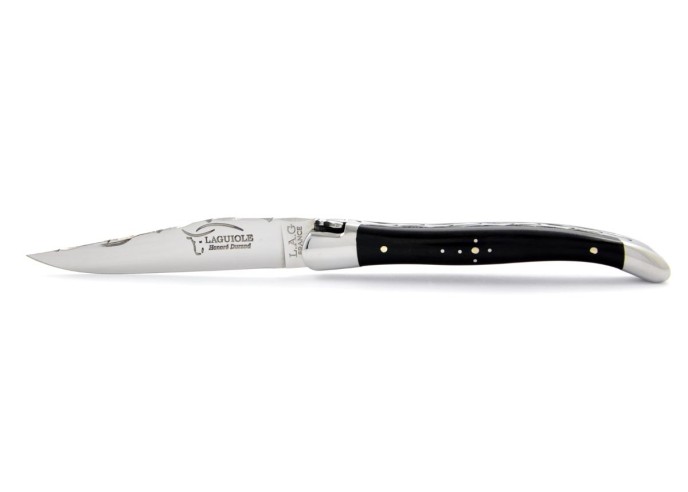 Laguiole pliant, 11 cm, lame seule, ciselé dessus dessous, mitres inox brillant, manche en pointe de corne (foncée)