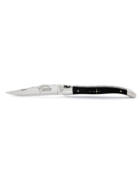 Laguiole pliant, 11 cm, lame seule, ciselé dessus dessous, mitres inox brillant, manche en pointe de corne (foncée)
