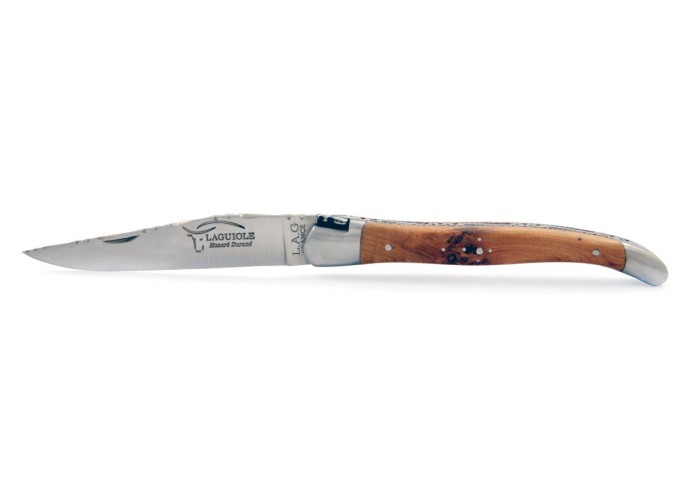 Laguiole pliant 11 cm,  abeille forgée, lame seule, ciselé dessus-dessous,  mitres inox mat, manche genévrier cade