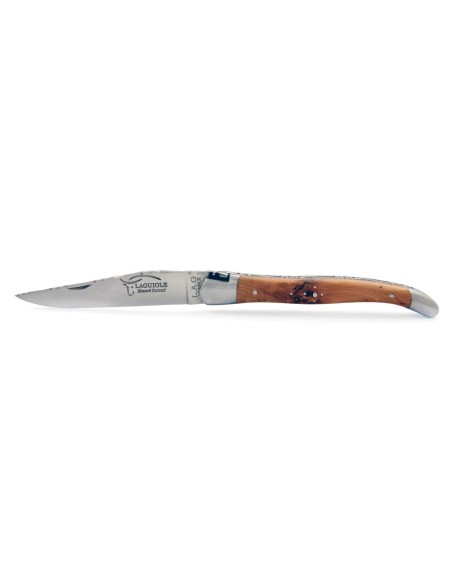 Laguiole pliant 11 cm,  abeille forgée, lame seule, ciselé dessus-dessous,  mitres inox mat, manche genévrier cade