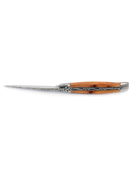 Laguiole pliant 11 cm,  abeille forgée, lame seule, ciselé dessus-dessous,  mitres inox mat, manche genévrier cade