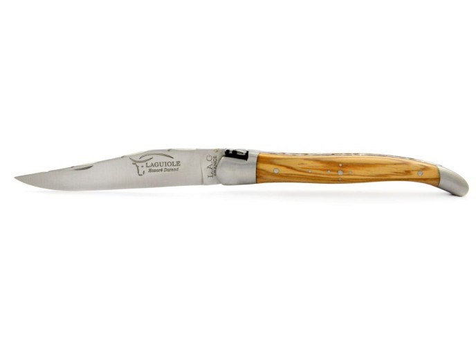 Laguiole pliant, 11 cm, abeille forgée, lame seule, ciselé dessus dessous, mitres inox mat, manche en olivier