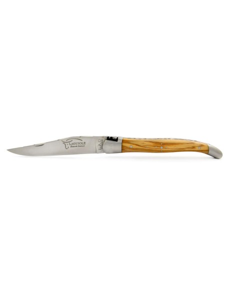 Laguiole pliant, 11 cm, abeille forgée, lame seule, ciselé dessus dessous, mitres inox mat, manche en olivier