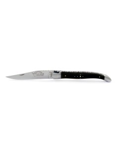Laguiole pliant, 11 cm, lame seule, ciselé dessus dessous, mitres inox mat, manche en pointe de corne (foncée) 2
