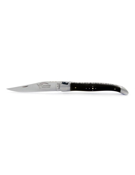 Laguiole pliant, 11 cm, lame seule, ciselé dessus dessous, mitres inox mat, manche en pointe de corne (foncée)